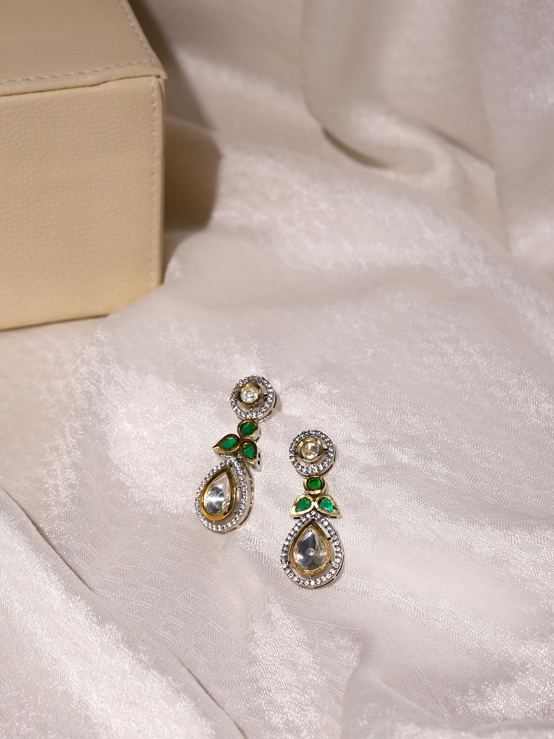 

RITU SINGH Silver-Toned & Green Rhodium Plated Teardrop Shaped Drop Earrings