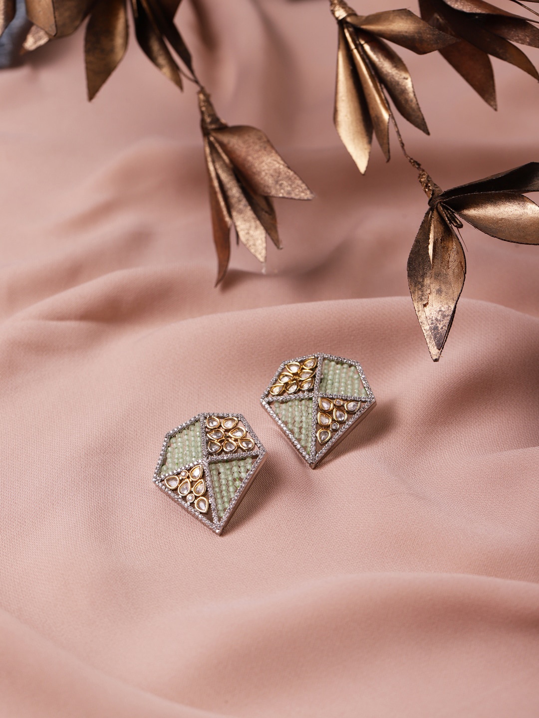 

RITU SINGH Green & Silver-Toned Geometric Studs Earrings