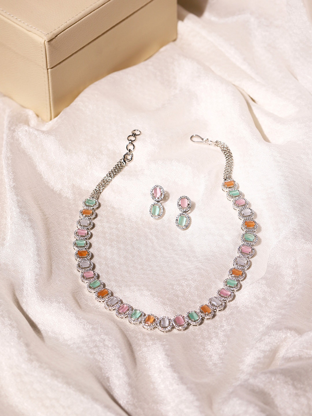 

RITU SINGH Rhodium-Plated White & Pink CZ-Studded Jewellery Set, Silver