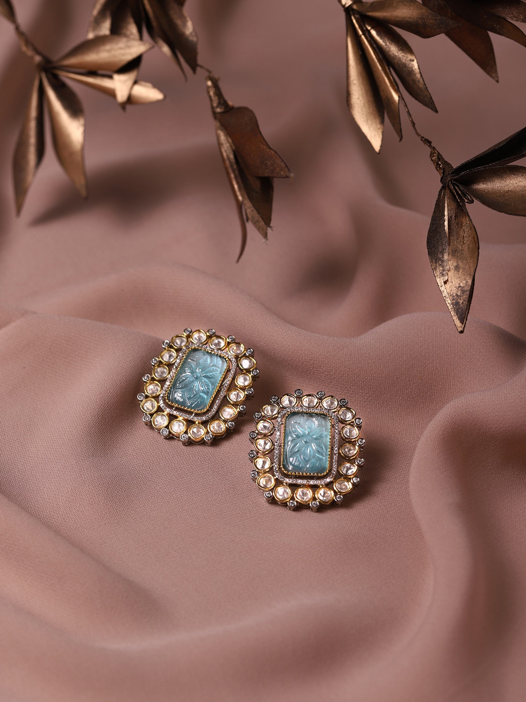 

RITU SINGH Blue Rhodium Plated Square Studs Earrings