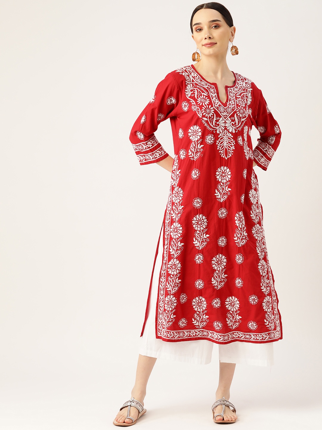

HOUSE OF KARI Women Red & White Floral Chikankari Kurta