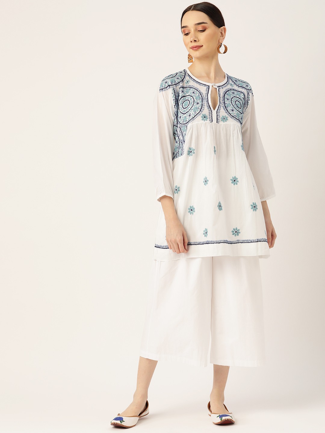 

HOUSE OF KARI White & Blue Embroidered Tunic