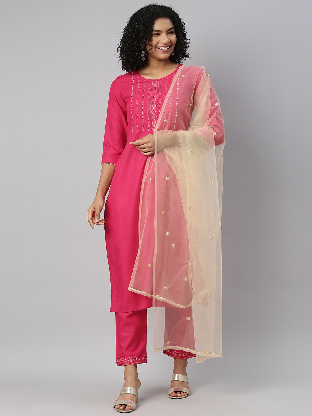 

SheWill Women Pink Ethnic Motifs Yoke Design Sequinned Kurta with Trousers & Dupatta