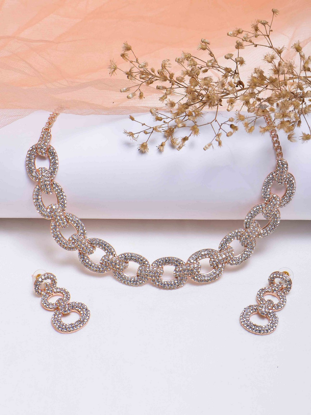 

POPLINS Rose Gold-Toned & White Stones Studded Jewellery Set