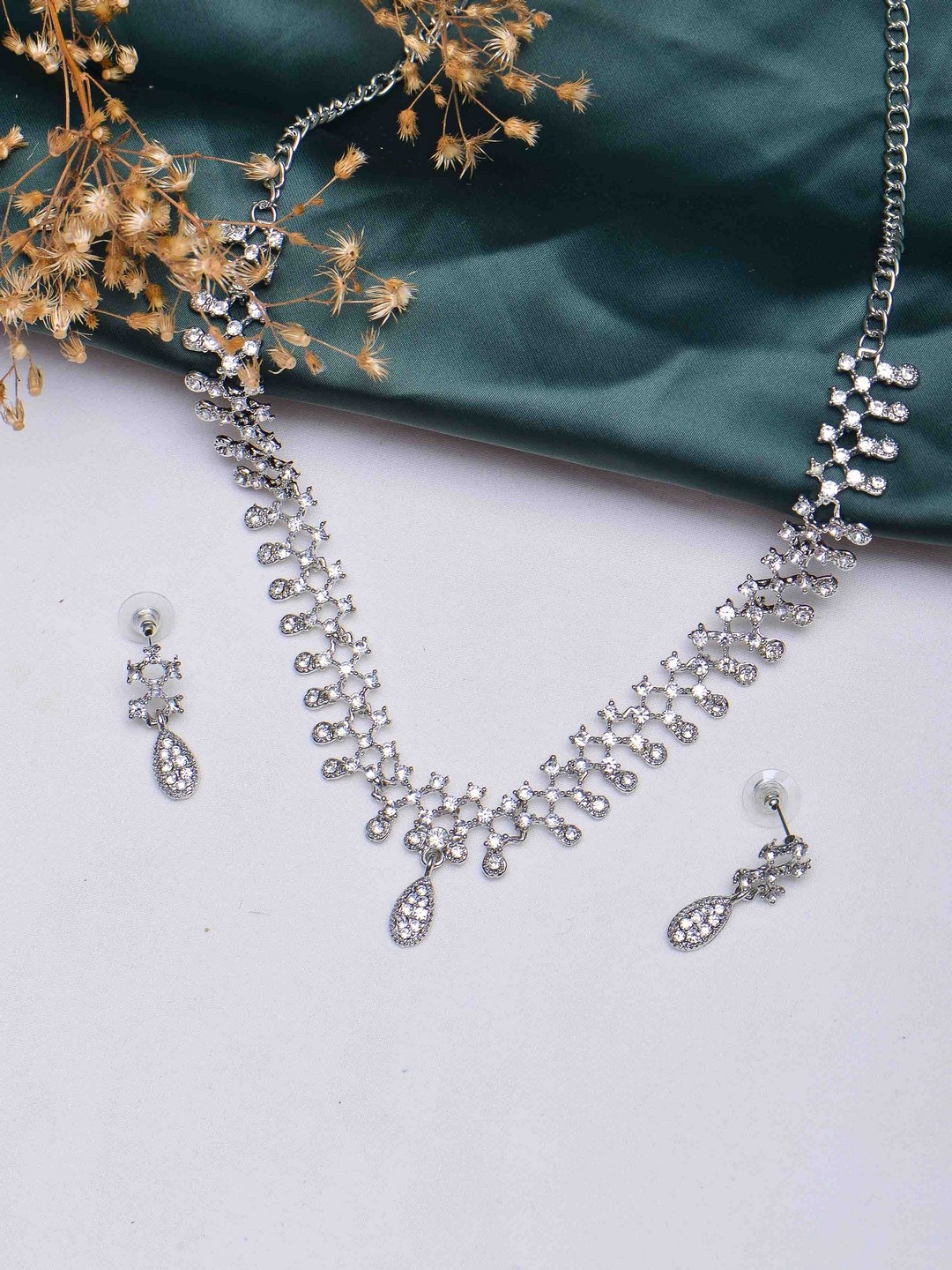 

POPLINS Silver-Toned & White Stone-Studded Jewellery Set