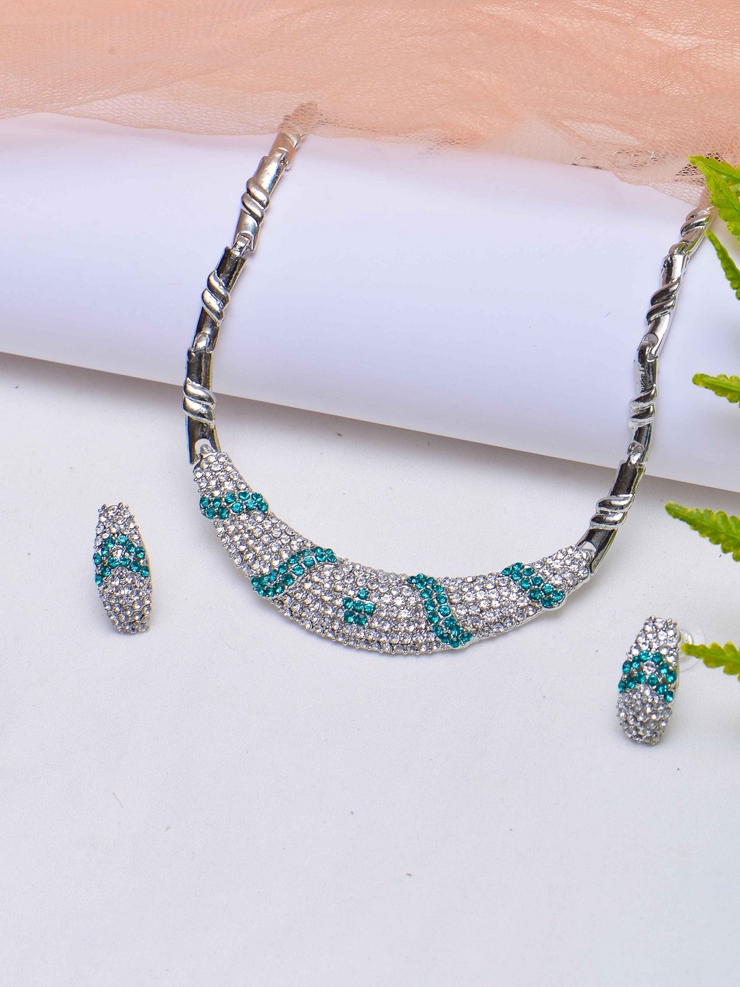 

POPLINS Silver-Toned & White Stone-Studded Jewellery Set