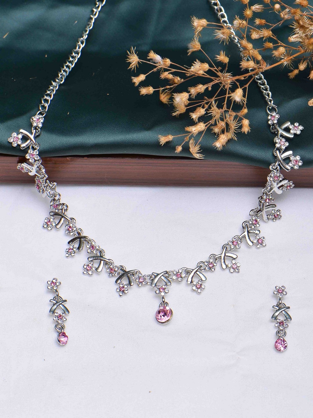 

POPLINS Silver-Toned & Pink Stones-Studded Jewellery Set