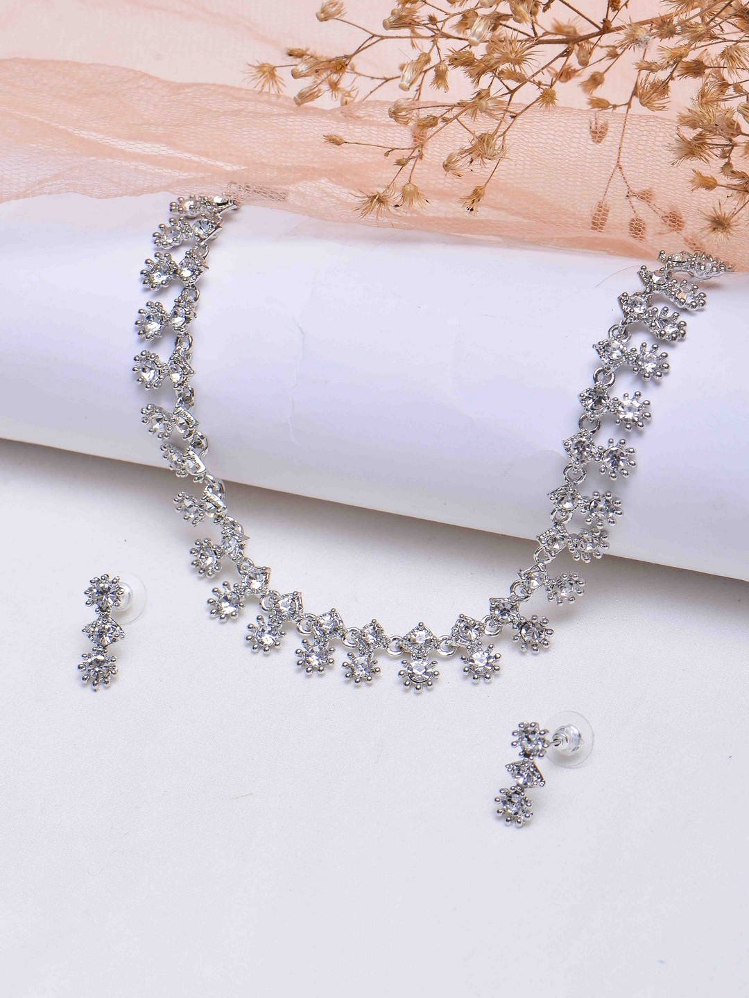 

POPLINS Silver-Toned & White Stone Studded Jewellery Set