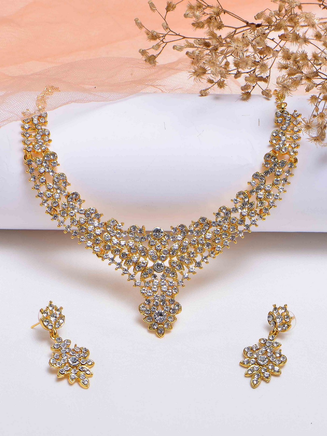 

POPLINS Gold-Toned & White Stone Studded Jewellery Set