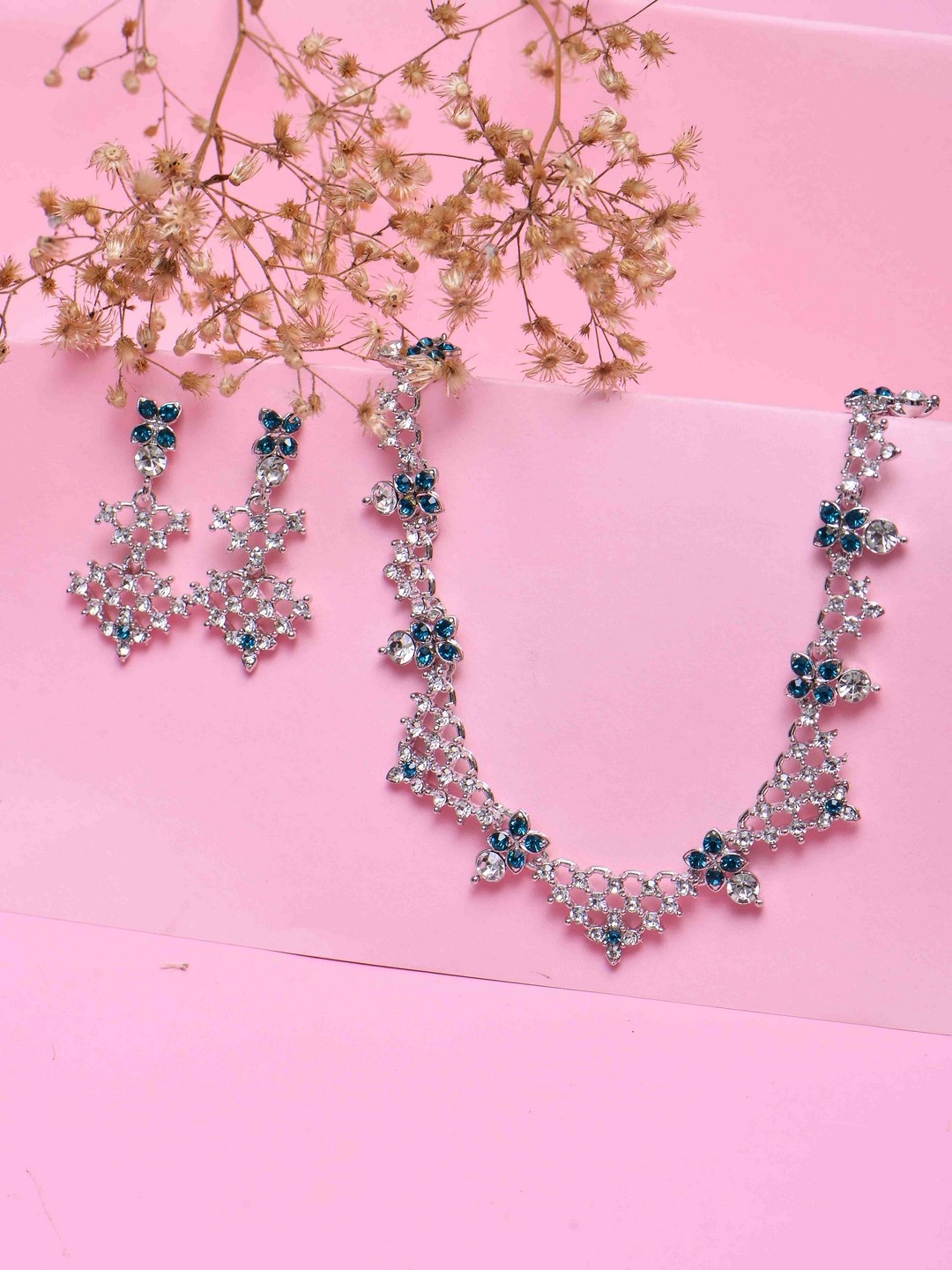 

POPLINS Silver-Toned Blue & White Stone-Studded Jewellery Set