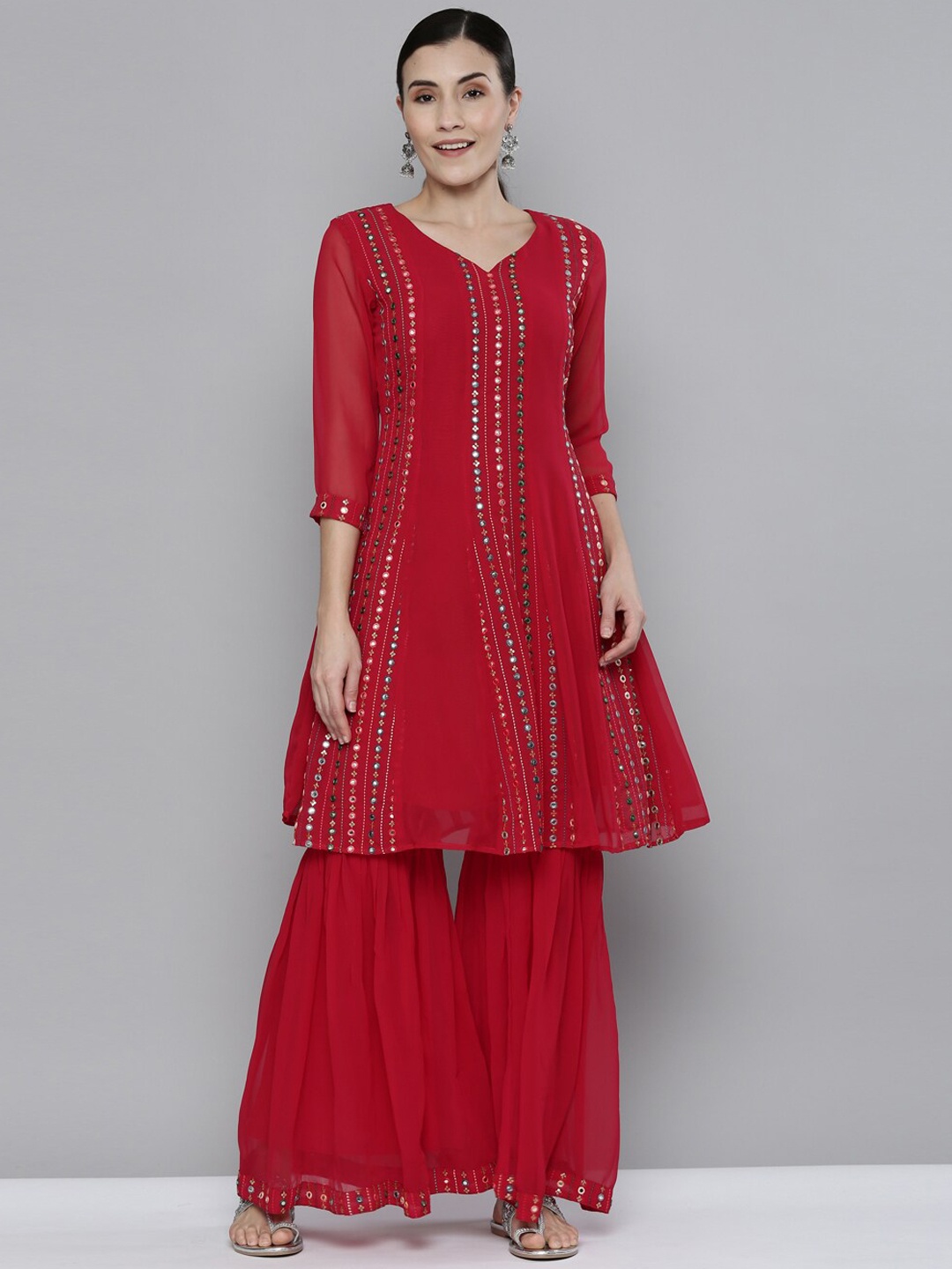 

Kvsfab Women Red Embroidered Mirror Work Kurta with Sharara