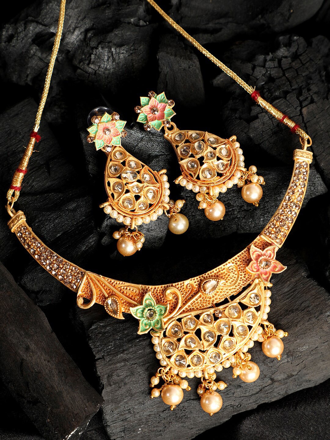 

ANIKAS CREATION Gold-Plated White Stone-Studded Beaded Jewellery Set