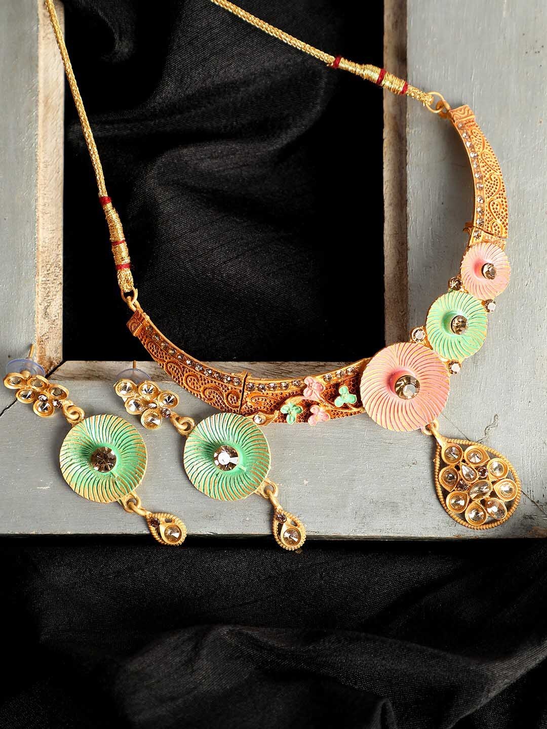 

ANIKAS CREATION Gold-Plated & Sea Green Stone-Studded Jewellery Set