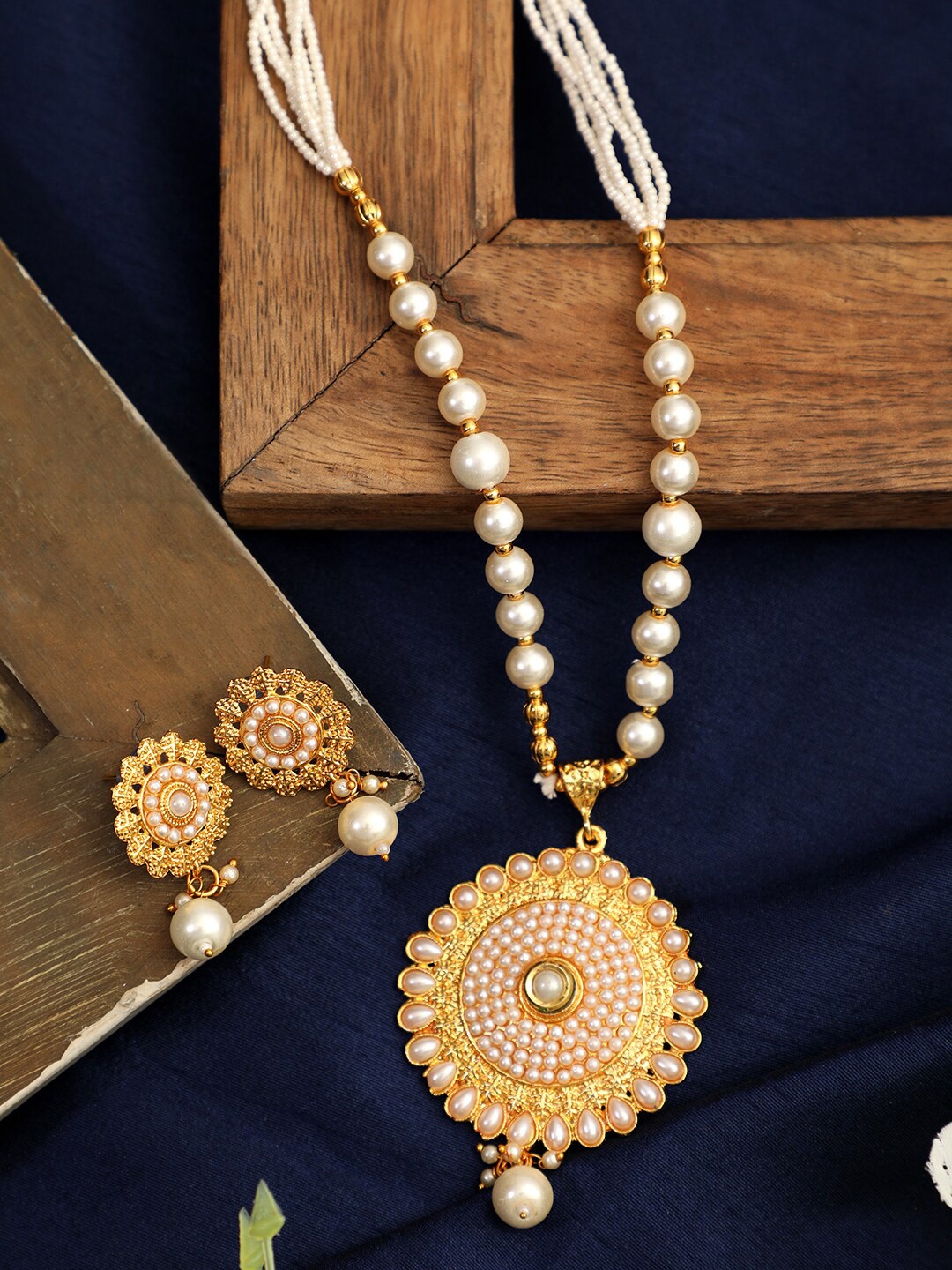 

ANIKAS CREATION Gold Plated & White Beaded Jewellery Set