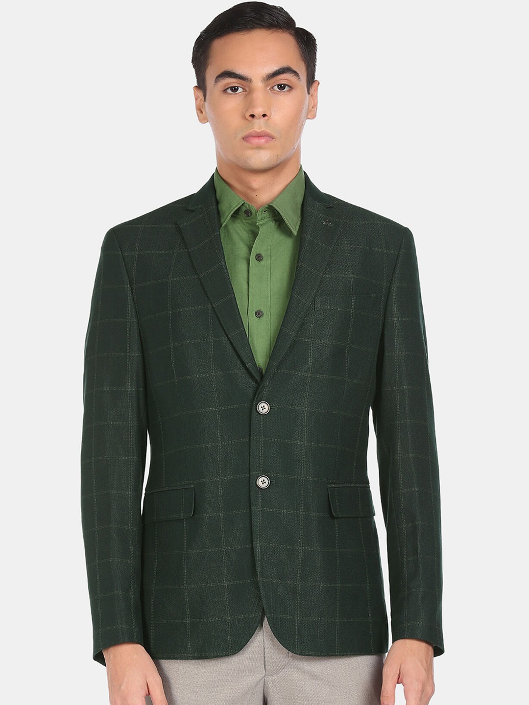

Arrow Men Green Checked Single Breasted Blazer