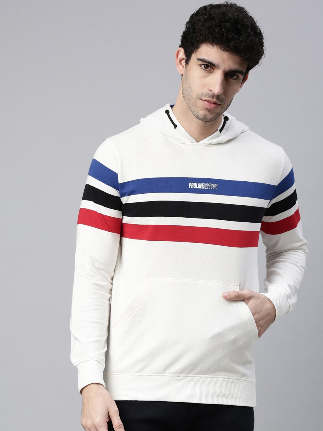 

Proline Active Men Off White Striped Hooded Sweatshirt