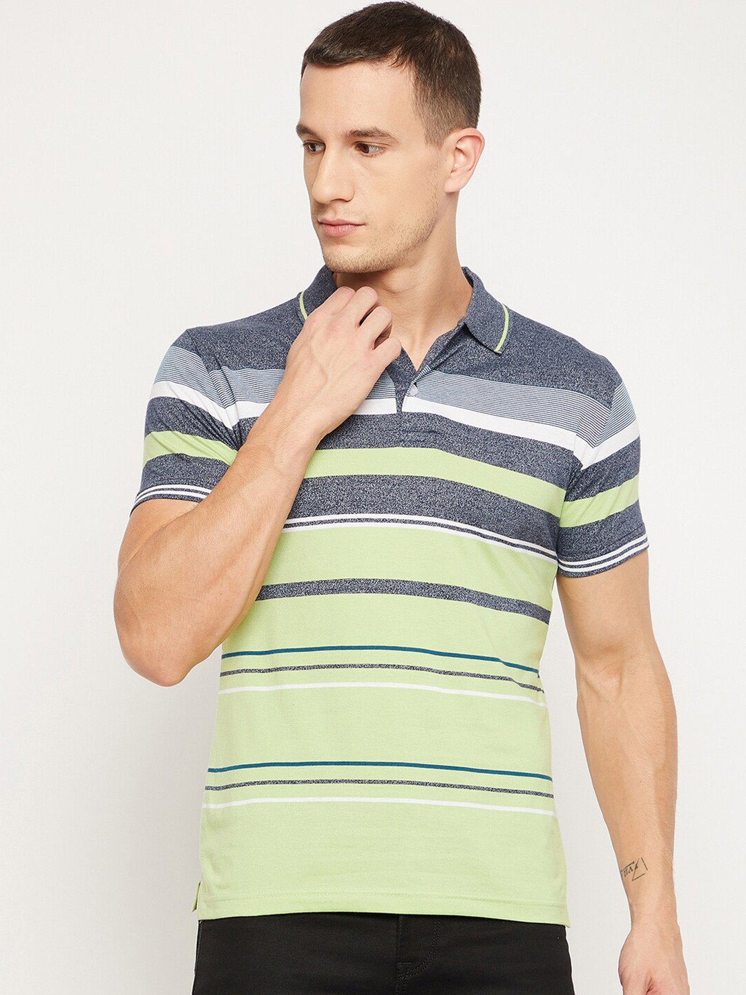 

FirstKrush Men Green & Grey Striped Polo Collar T-shirt