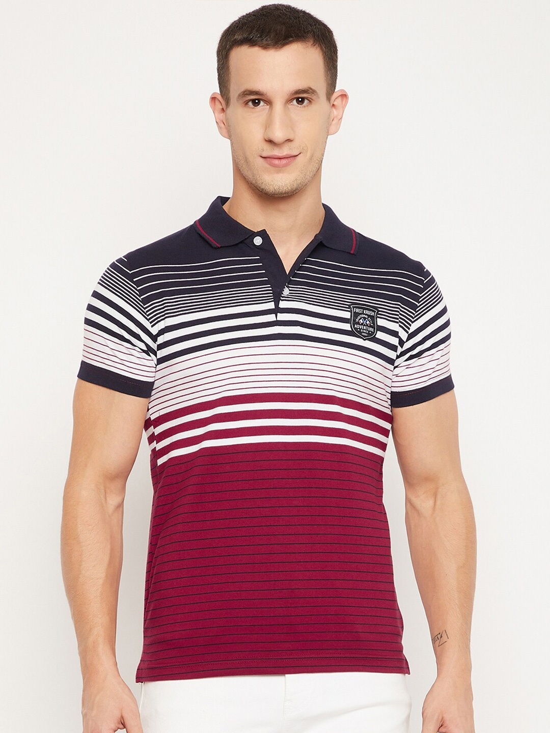 

FirstKrush Men Maroon Striped Polo Collar Cotton T-shirt