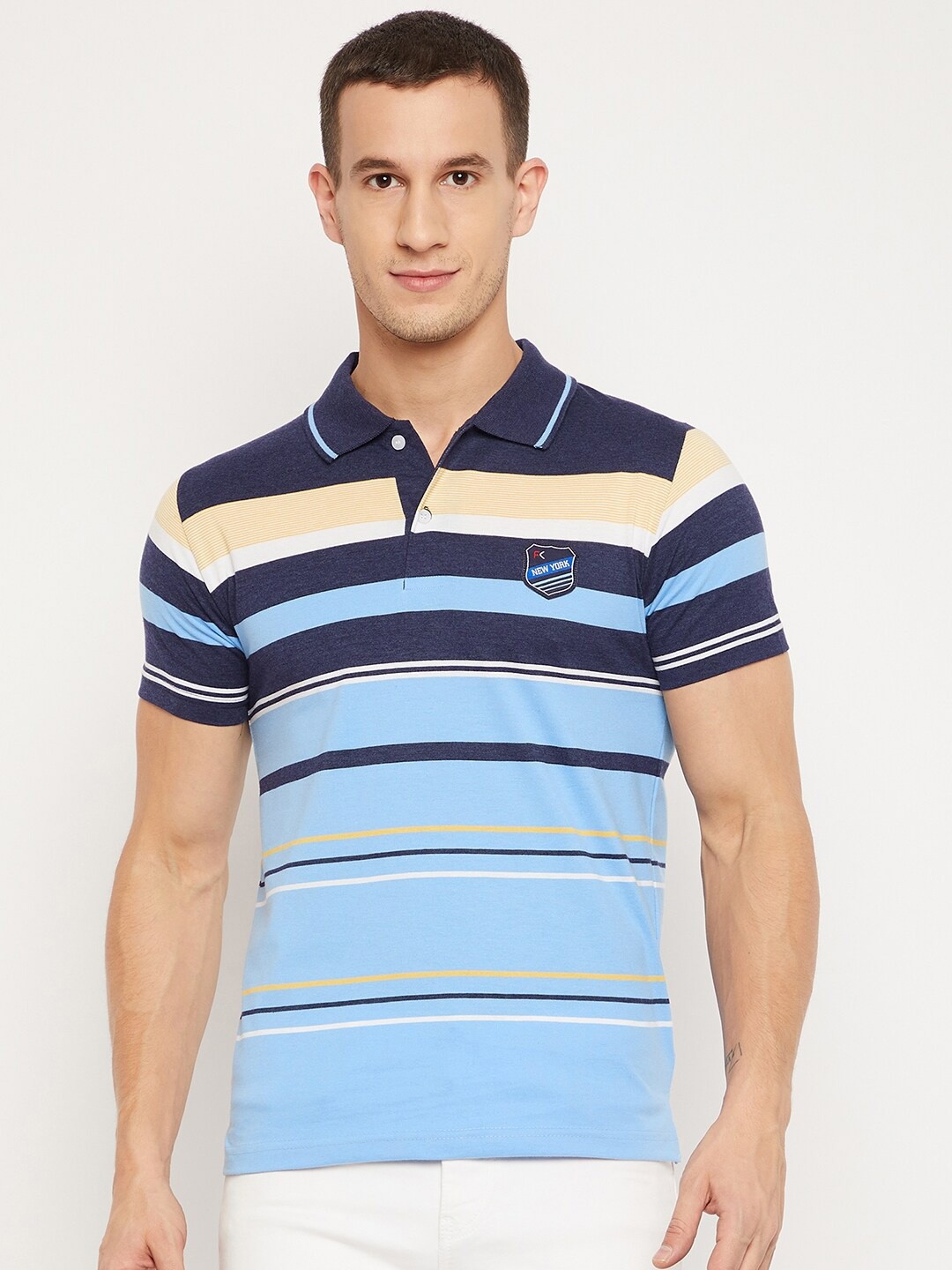 

FirstKrush Men Blue & White Striped Polo Collar T-shirt