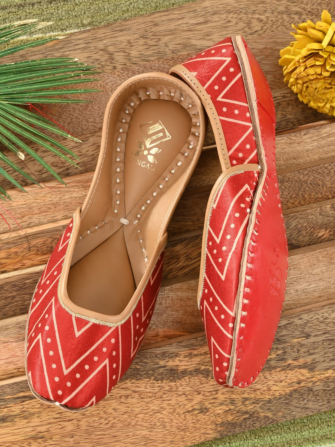 

Sringam Women Red Printed Leather Ethnic Mojaris Flats