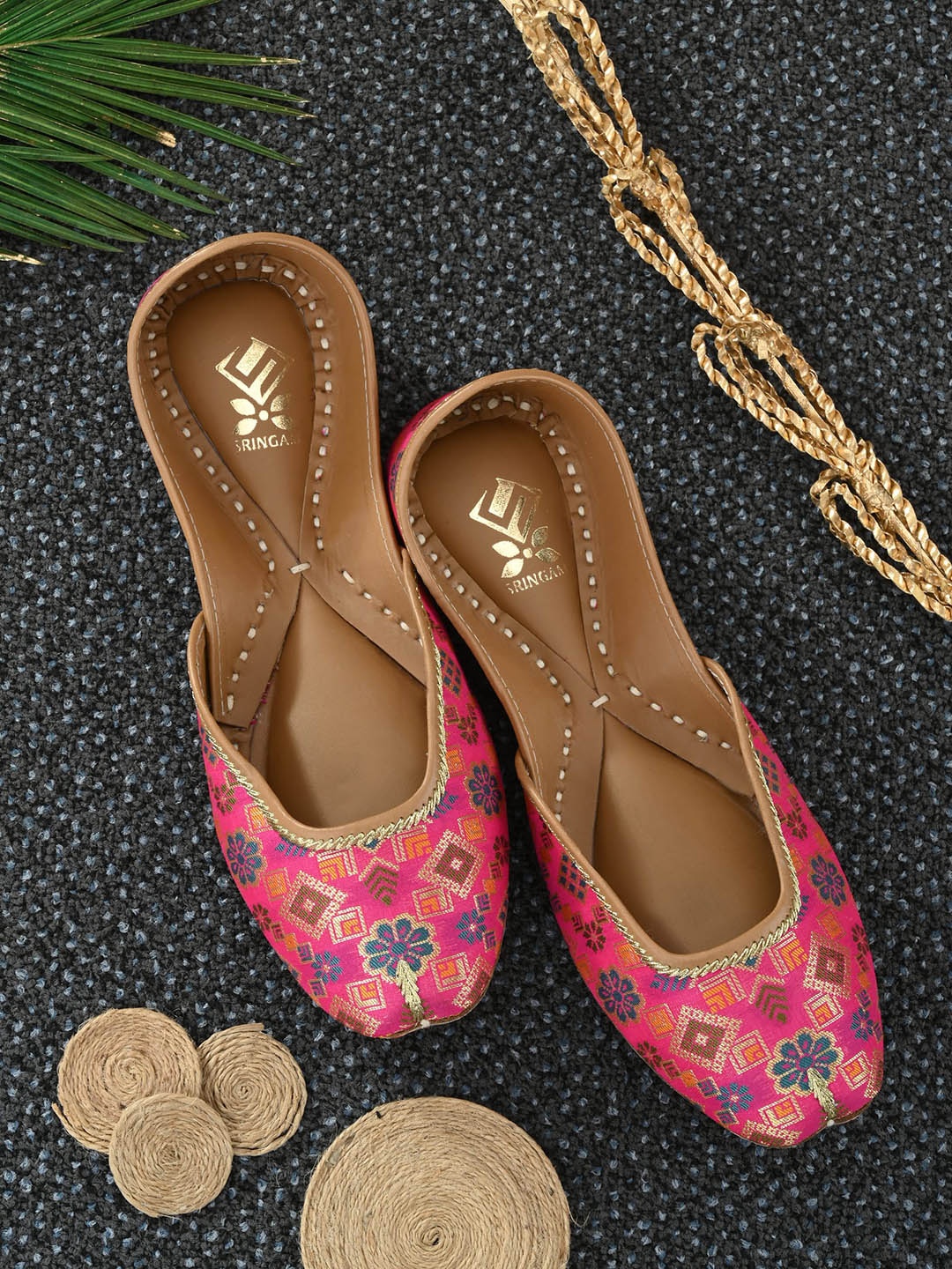 

Sringam Women Magenta Embellished Leather Ethnic Mojaris Flats