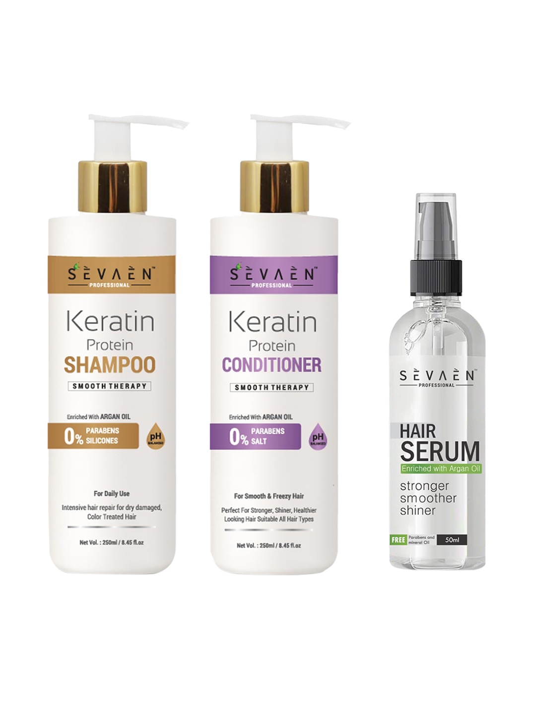 

SEVAEN Set of Keratin Shampoo 250 ml - Keratin Conditioner 250 ml - Hair Serum 50 ml, White