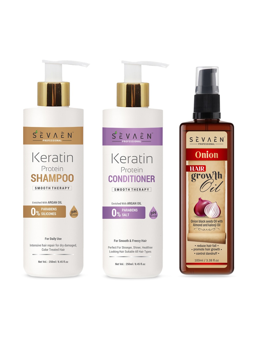 

SEVAEN Set of Keratin Smooth Shampoo 250 ml - Conditioner 250 ml - Onion Hair Oil 100 ml, White