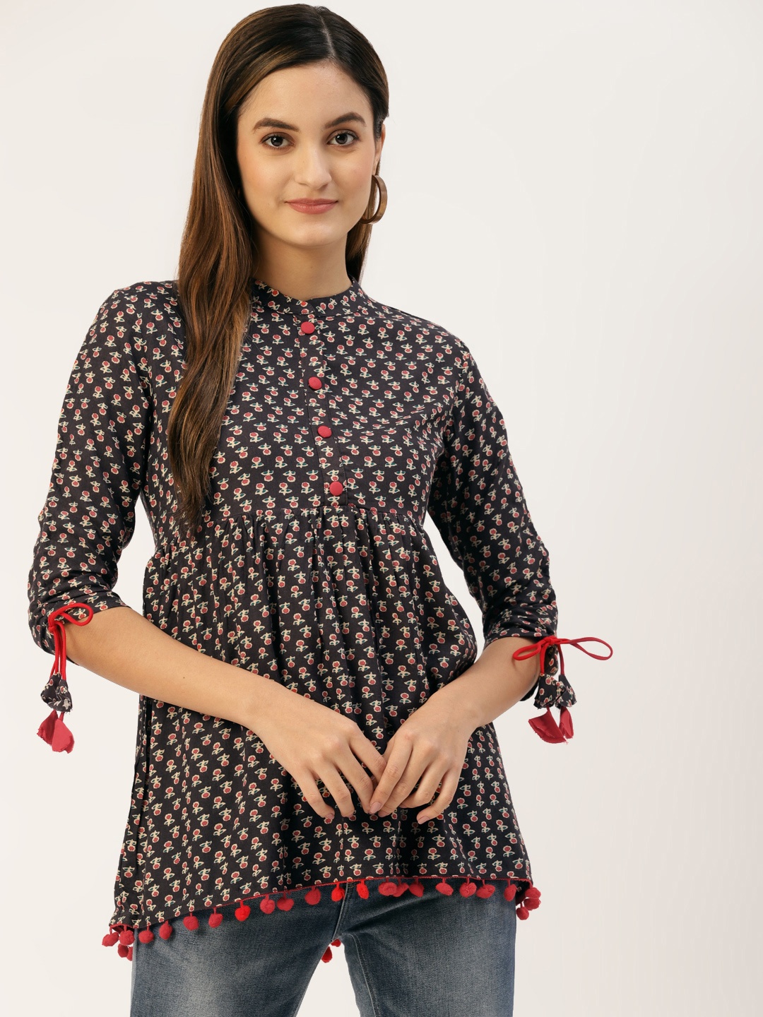 

KBZ Charcoal & Beige Print Mandarin Collar Top