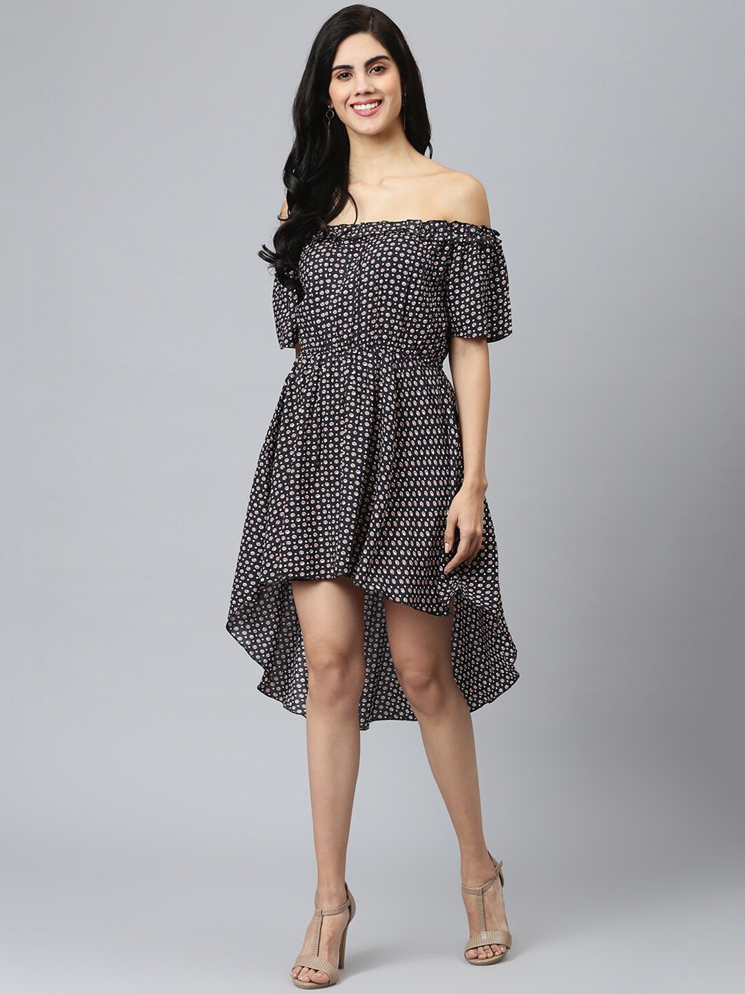 

FLAMBOYANT Black Polka Dots Printed Off-Shoulder Fit and Flare Dress