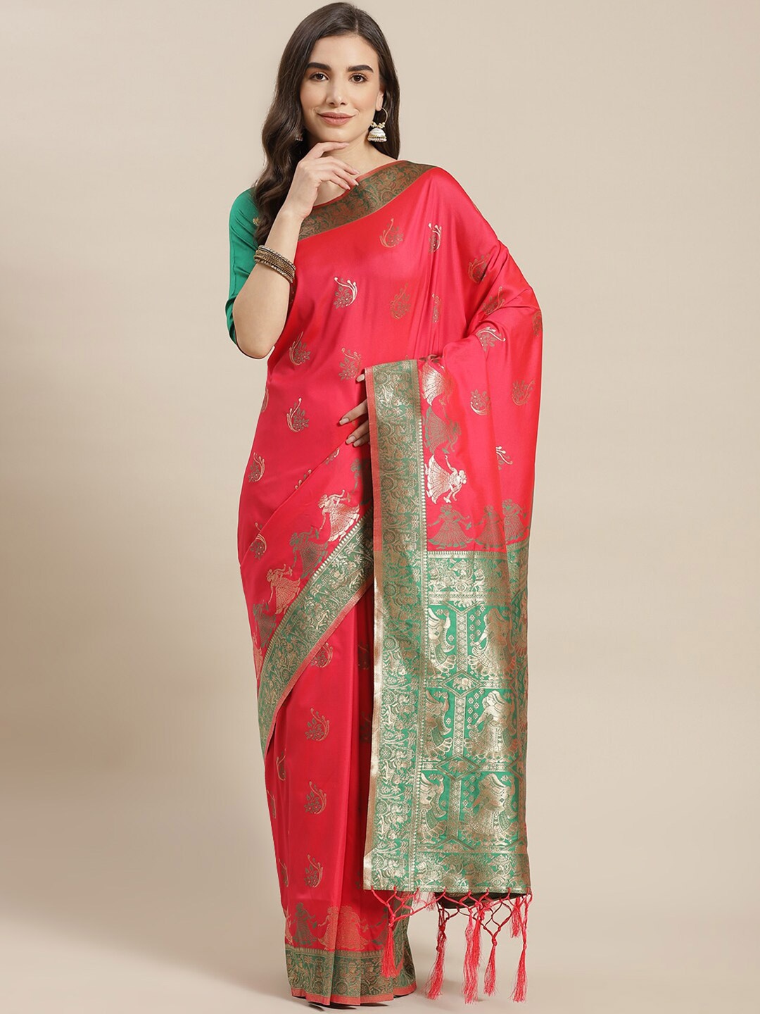 

Chhabra 555 Red & Green Ethnic Motifs Zari Silk Blend Baluchari Saree