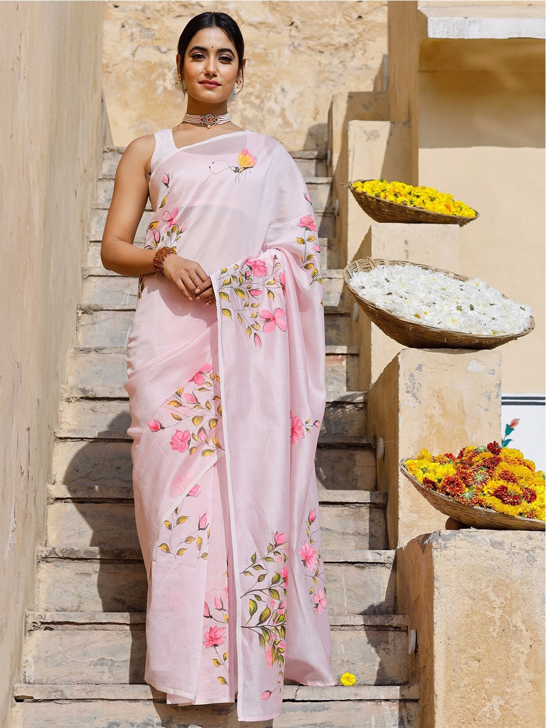 

PHEETA Pink & Yellow Floral Silk Cotton Chanderi Saree