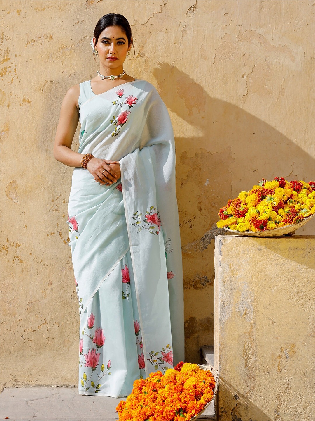 

PHEETA Sea Green & Pink Floral Hand Painted Silk Cotton Chanderi Saree