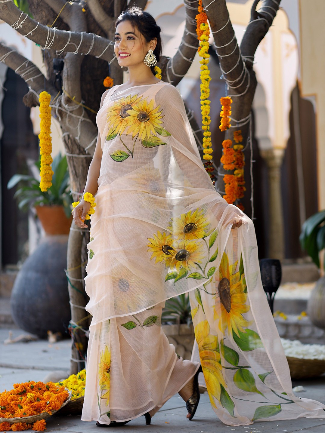 

PHEETA Peach-Coloured & Yellow Floral Pure Cotton Saree