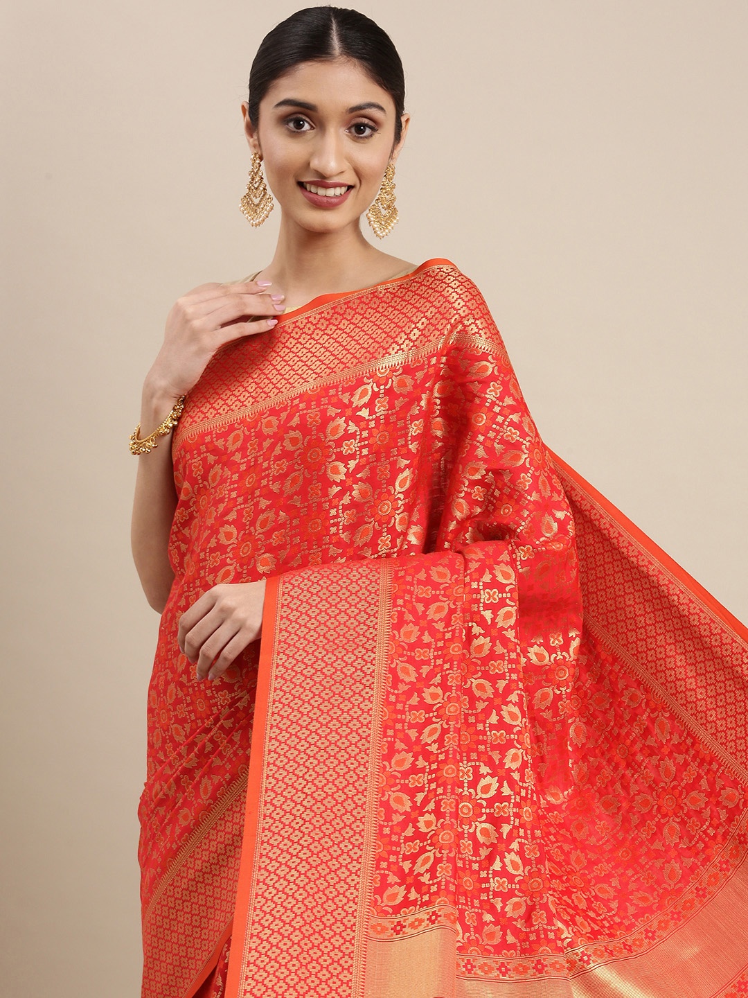 

Mitera Red & Gold-Toned Ethnic Motifs Zari Silk Blend Patola Saree