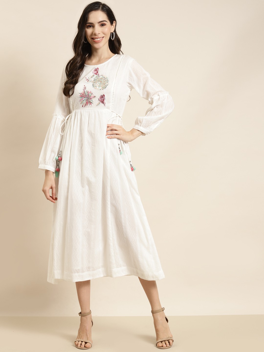 

Juniper Off White Floral Embroidered Midi Dress