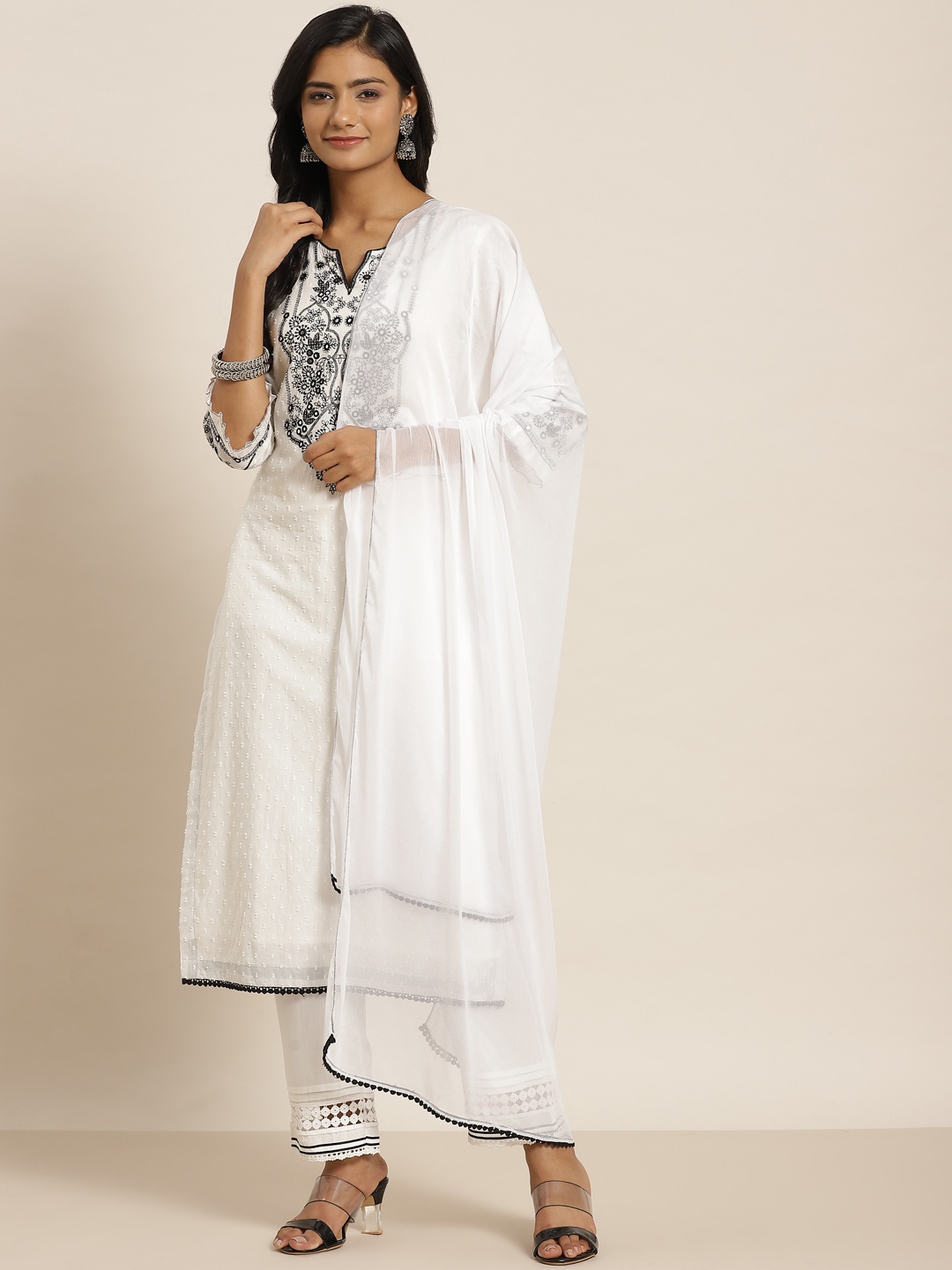 

Juniper Women White Embroidered Mirror Work Kurta with Trousers & Dupatta