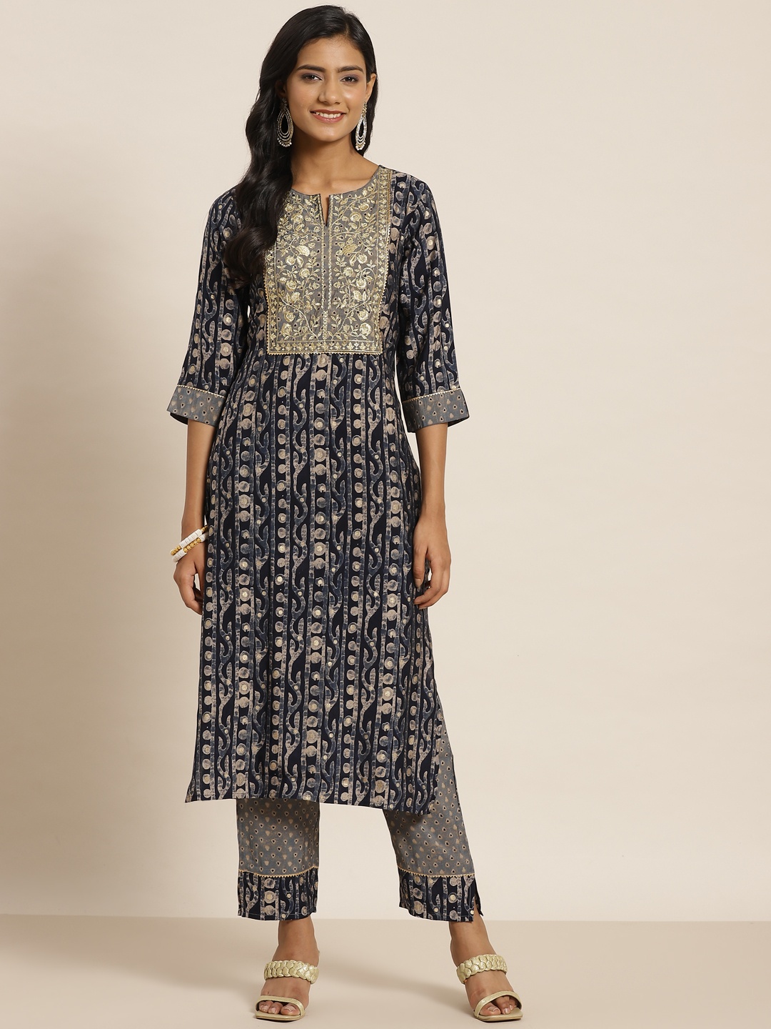 

Juniper Women Blue Printed Chanderi Silk Kurta with Trousers