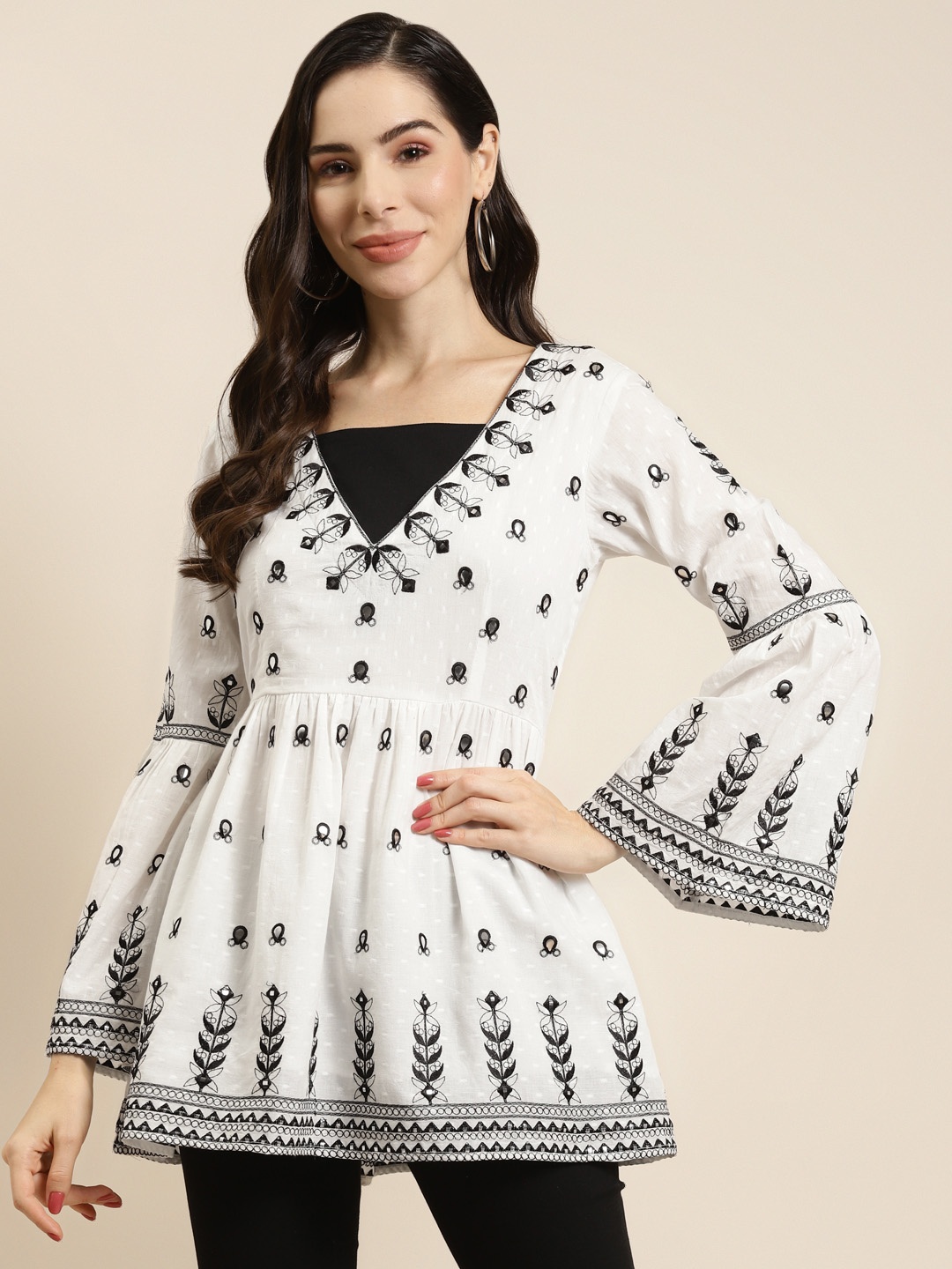 

Juniper White & Black Embroidered Cotton Peplum Tunic
