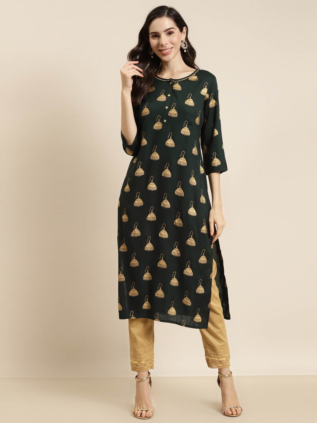 

Juniper Women Green & Golden Ethnic Motifs Printed Kurta