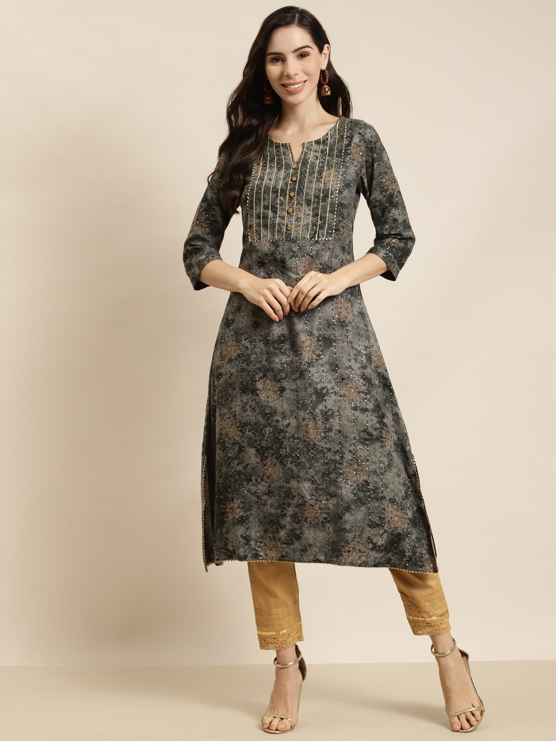 

Juniper Women Grey Printed Gotta Patti Kurta