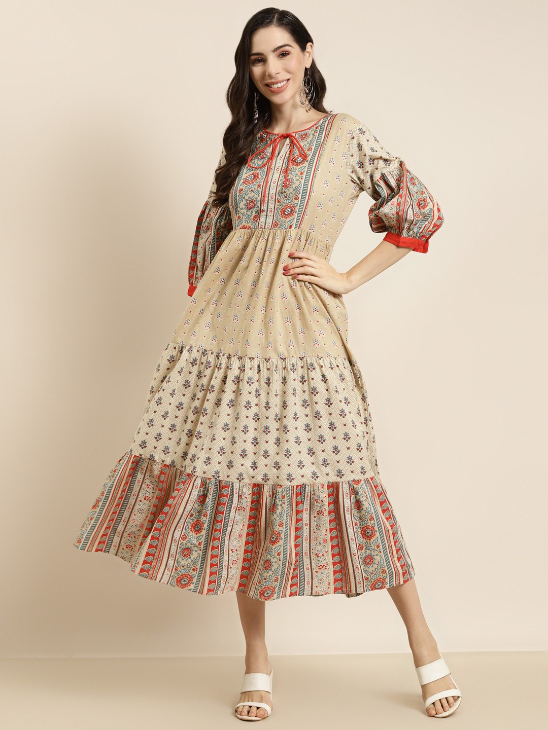 

Juniper Beige & Red Ethnic Motifs Tie-Up Neck Ethnic Maxi Dress