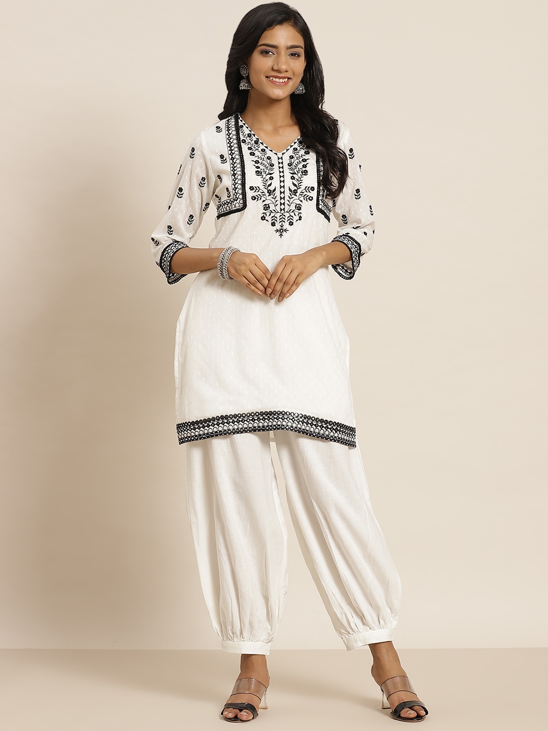 

Juniper Women White & Navy Blue Embroidered Mirror Work Kurta with Salwar