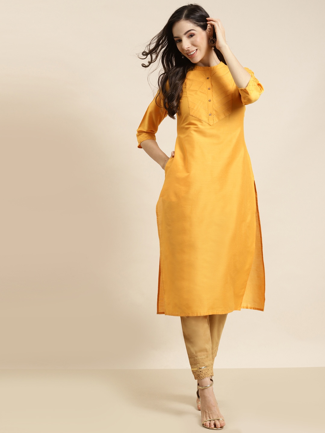 

Juniper Women Mustard Yellow Yoke Tussar Silk Design Kurta