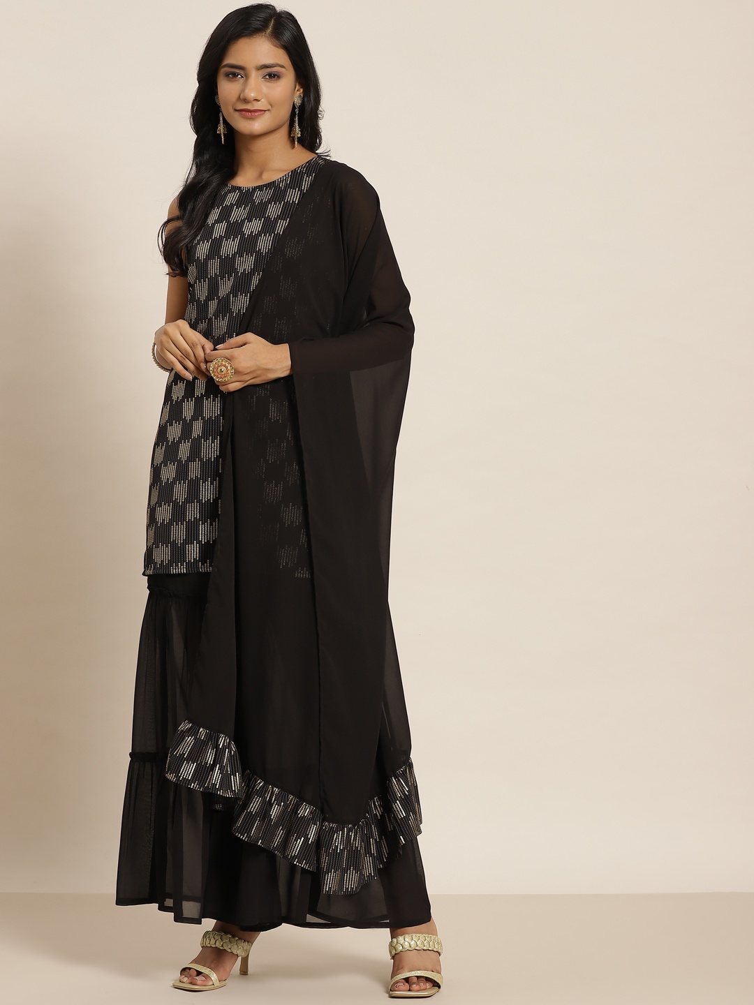 

Juniper Women Black Ethnic Motifs Printed Kurta with Sharara & Dupatta