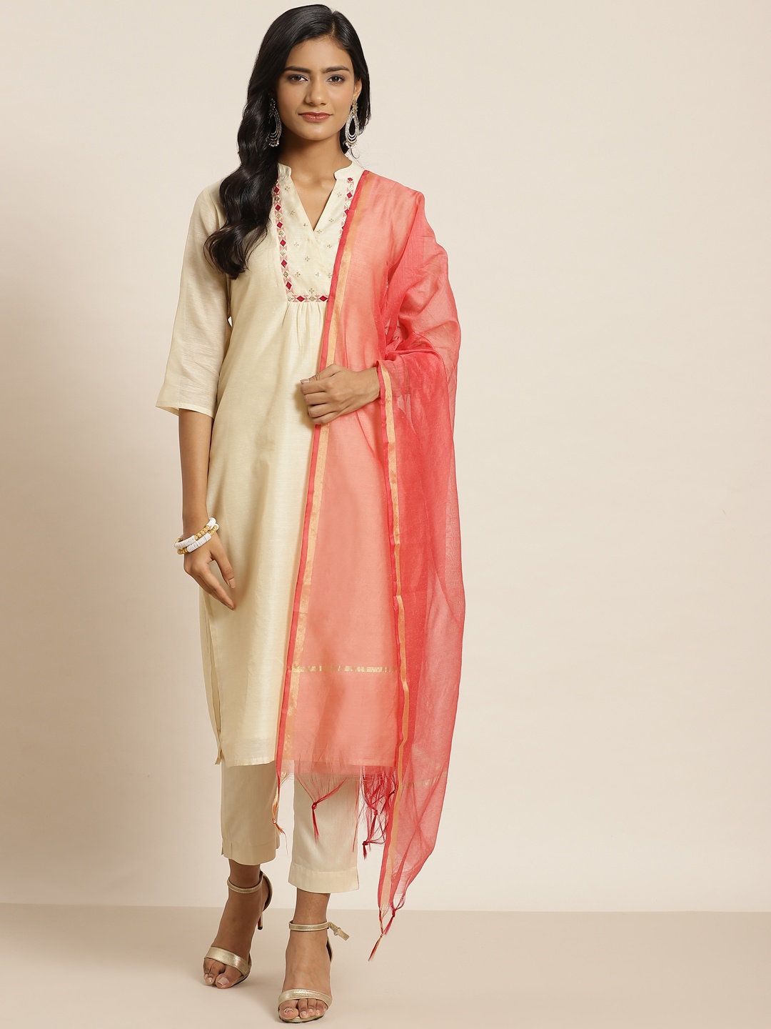 

Juniper Women Beige Embroidered Chanderi Silk Kurta with Trousers & Dupatta