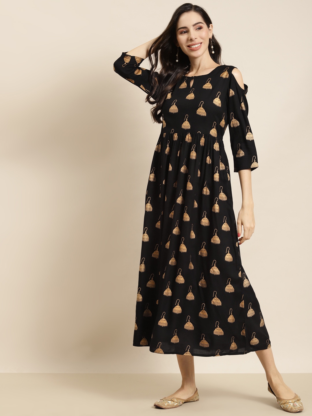 

Juniper Black & Mustard Yellow Ethnic Motifs Keyhole Neck Ethnic Midi Dress