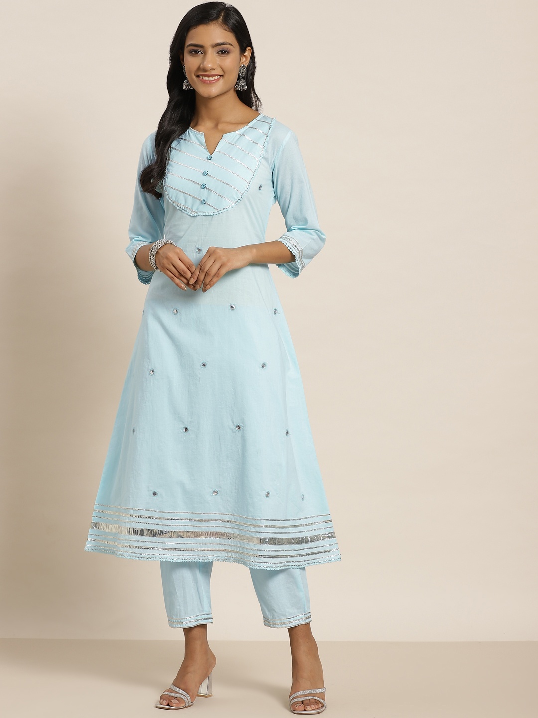 

Juniper Women Blue Embroidered Gotta Patti Kurta with Trousers