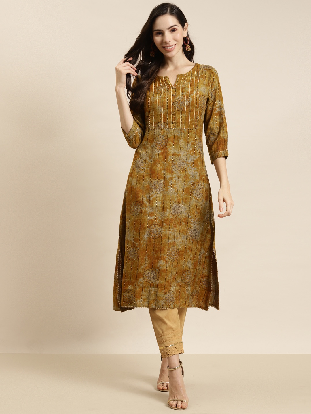 

Juniper Women Mustard Yellow Printed Gotta Patti Kurta