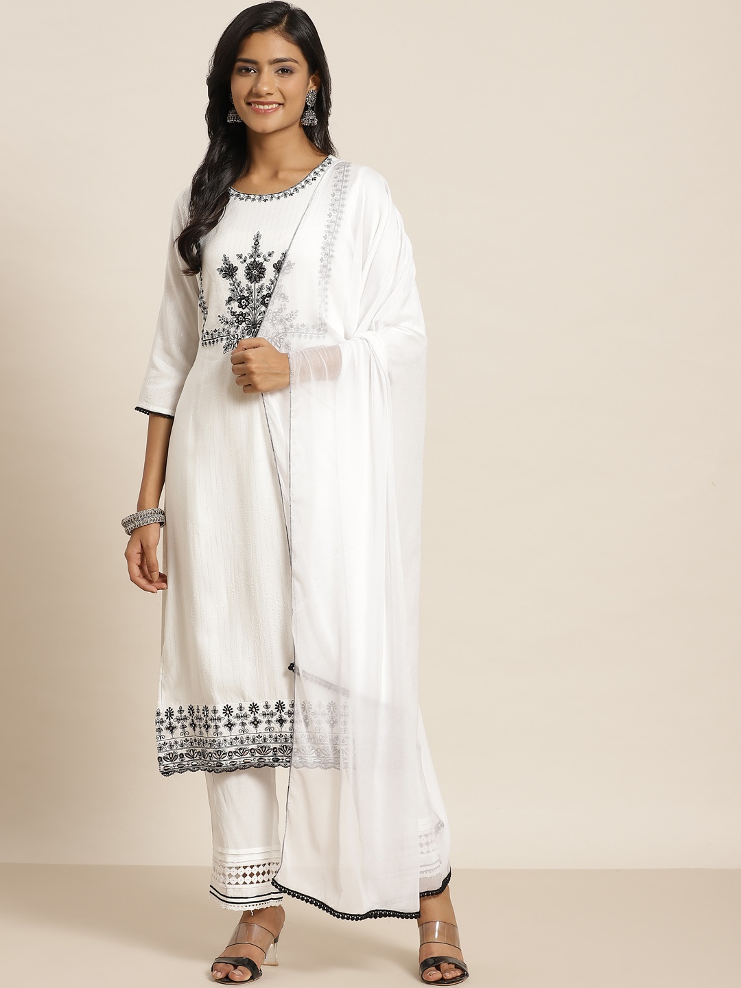 

Juniper Women White Embroidered Mirror Work Kurta with Trousers & Dupatta