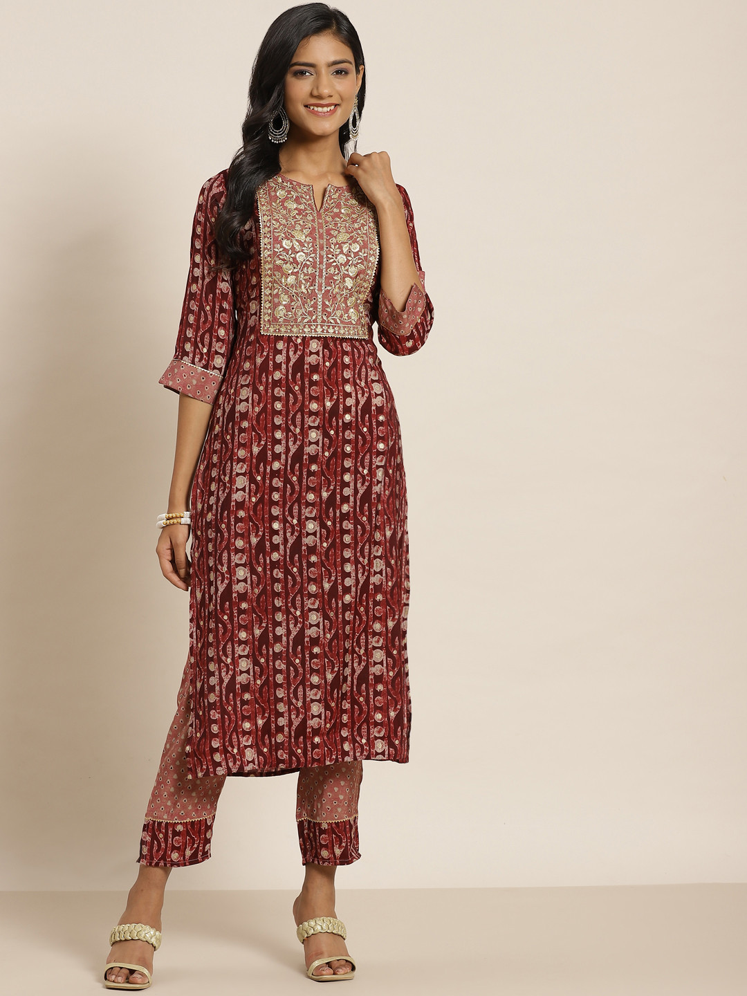

Juniper Women Maroon Printed Chanderi Silk Kurta with Trousers